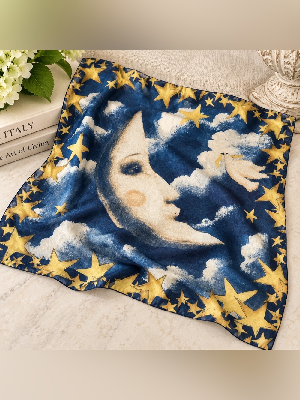 Vintage Italian Scarf Made in Italy Celestial Crescent Moon Stars Navy Gold 80s